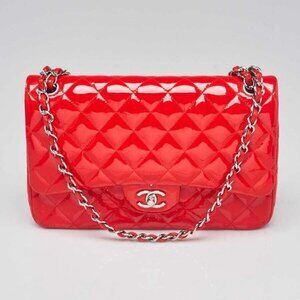 Chanel Red Quilted Patent Leather Classic Jumbo Double Flap Bag